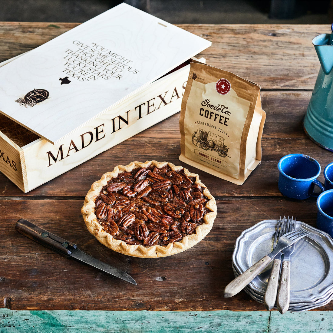 The Texas Style Coffee Break Gift Box includes an 8-inch Brazos Bottom Pecan Pie and a 12oz bag of Chuckwagon House Blend Coffee. Send a coffee gift box set!